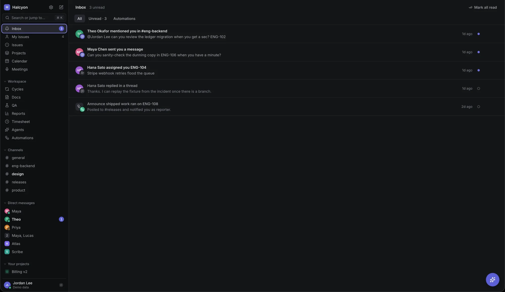 Halcyon inbox with mentions and assignments