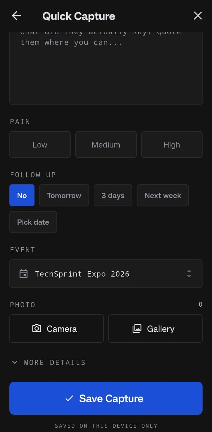 Kuri quick capture: pain level, follow-up date, event and photos