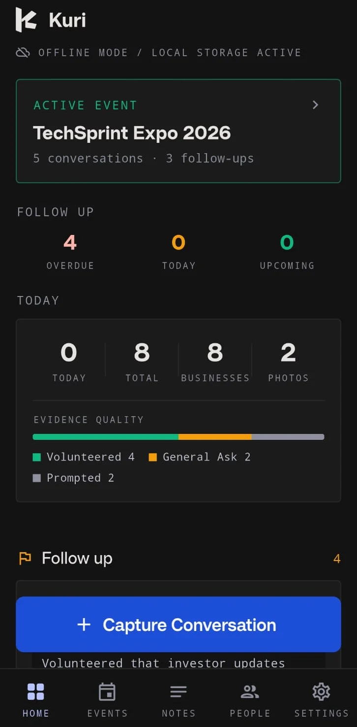 Kuri home screen showing the active event, follow-ups and evidence quality