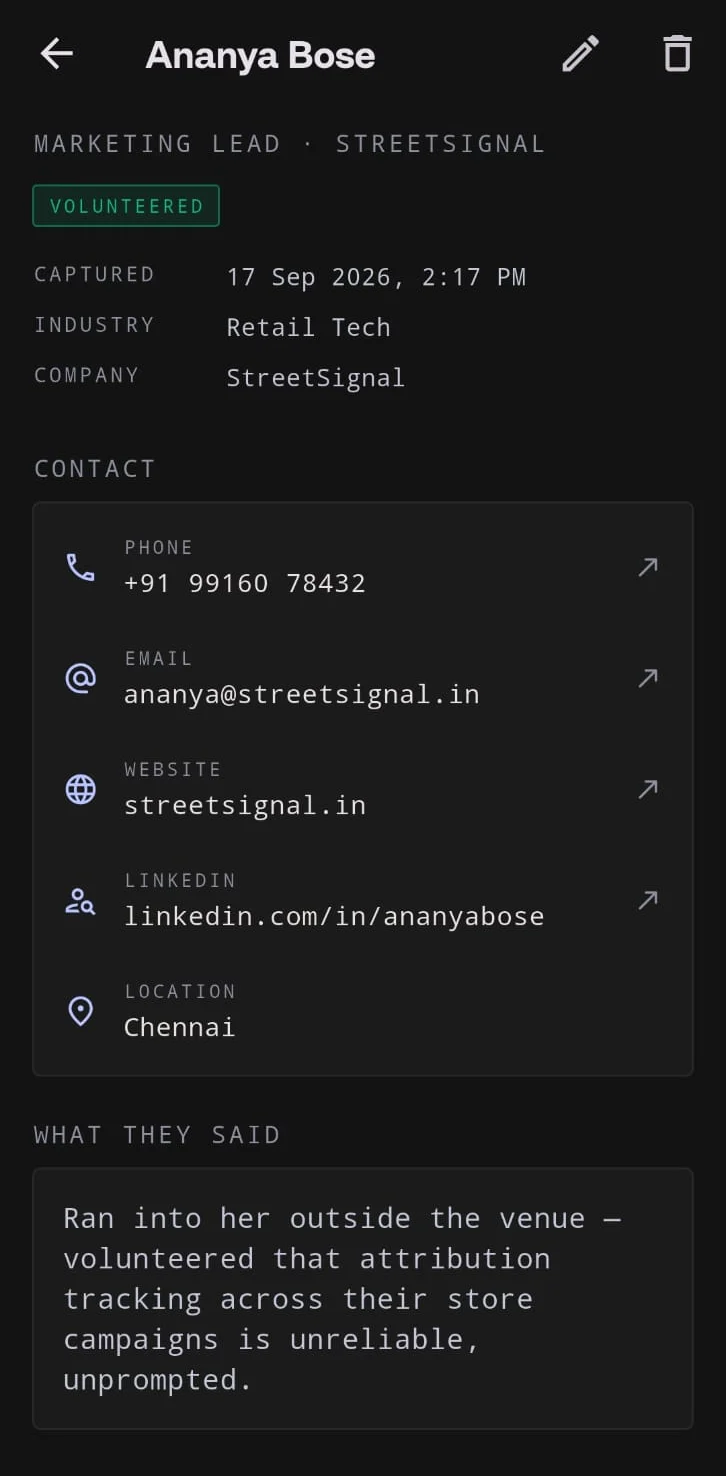 Kuri contact card with what they said, quoted